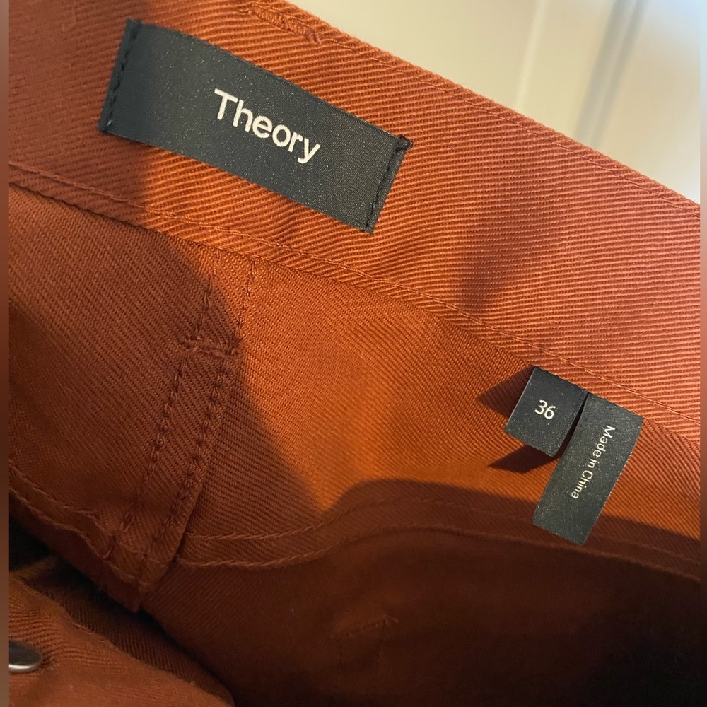 Theory Tech Raffi Compact Straight Slim Fit Ponte Pants in Burnt Orange - Picture 8 of 9